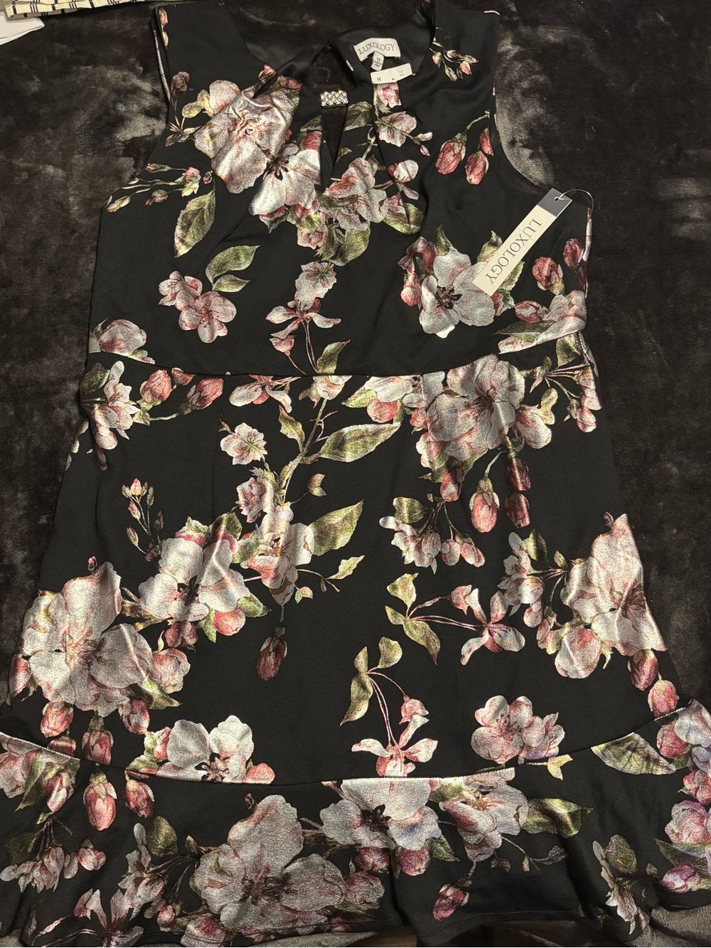 Luxology Black Sleeveless Mini Dress with Pink and Green Floral Print